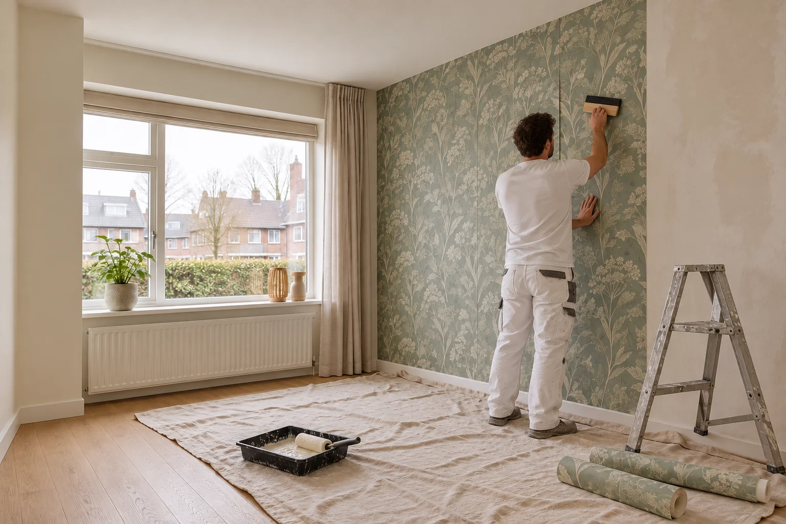 Een woonkamer met een frisse basis en een accentwand
