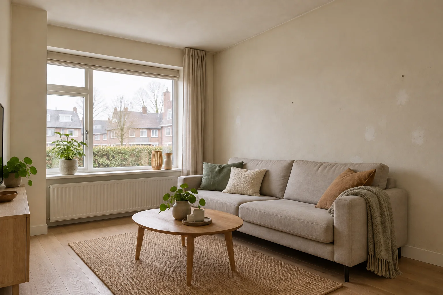 Een woonkamer met een frisse basis en een accentwand