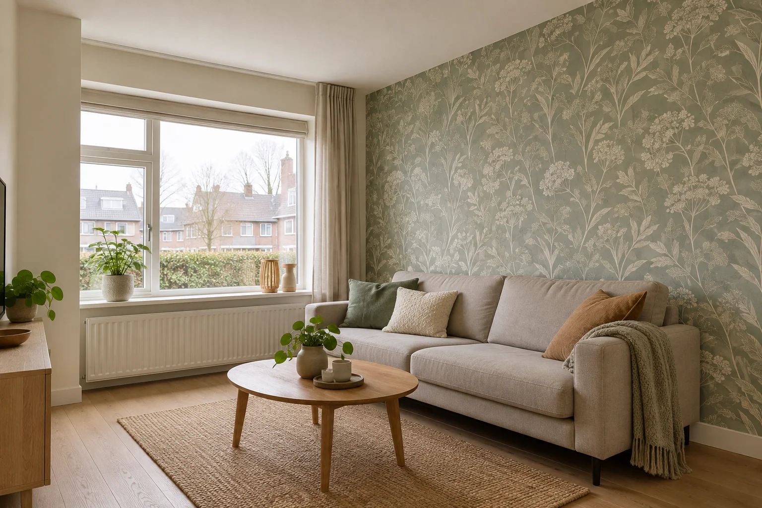 Een woonkamer met een frisse basis en een accentwand